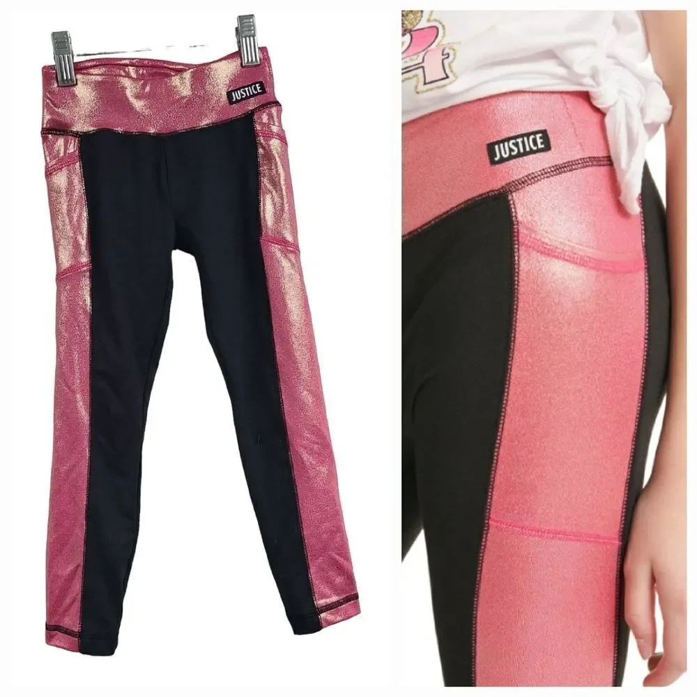 Justice Girls Leggings XS 5/6 Black Pink Shimmer Athletic Side Pocket Activewear